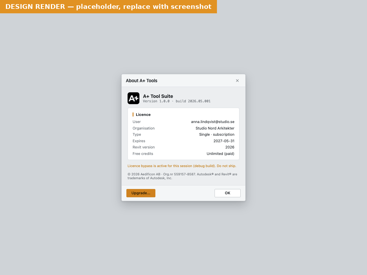 About A+ Tools on a Pro licence, showing User, Plan, State, Last signed in and the version