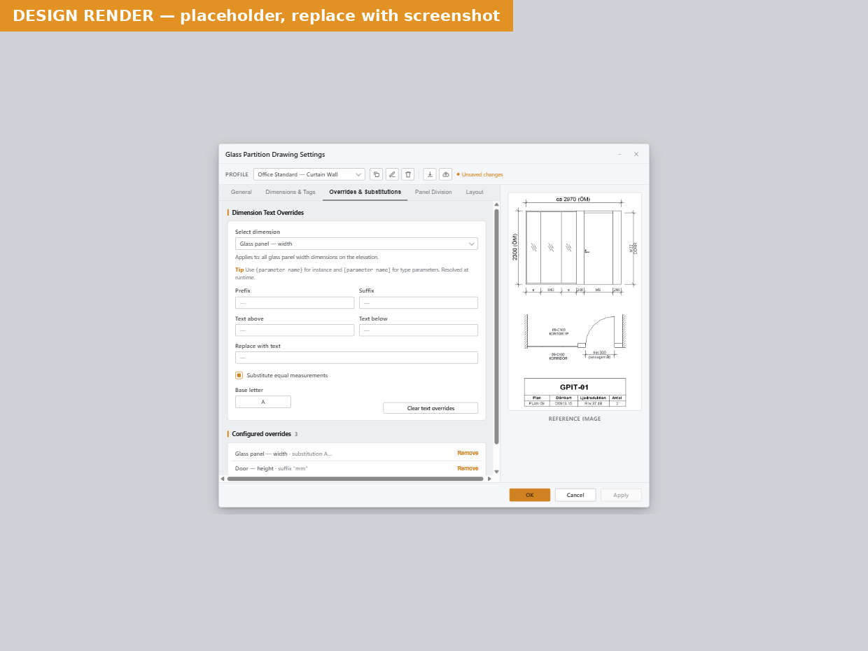 The Overrides and Substitutions tab with a door dimension selected