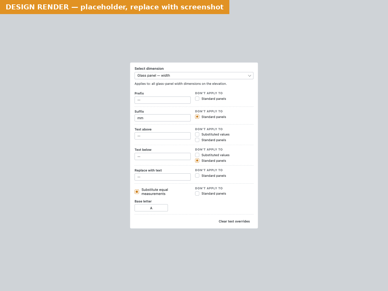 The glass panel override fields with the "Don't apply to" checkboxes