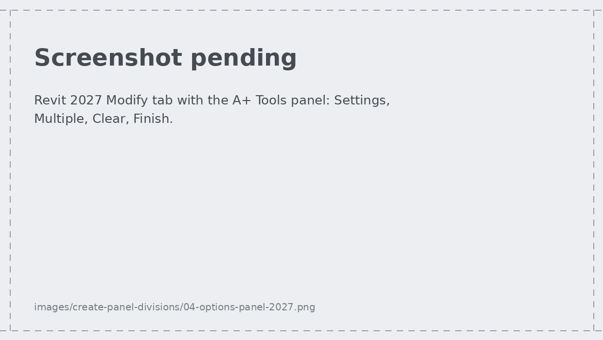 The A+ Tools options panel on the Revit 2027 Modify tab, with a large Settings button and Multiple, Clear and Finish