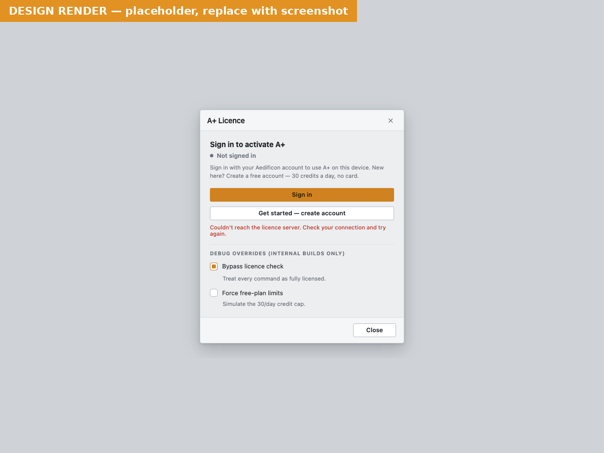 The A+ Tools Licence sign-in window with Sign in, Create account and the trial checkbox