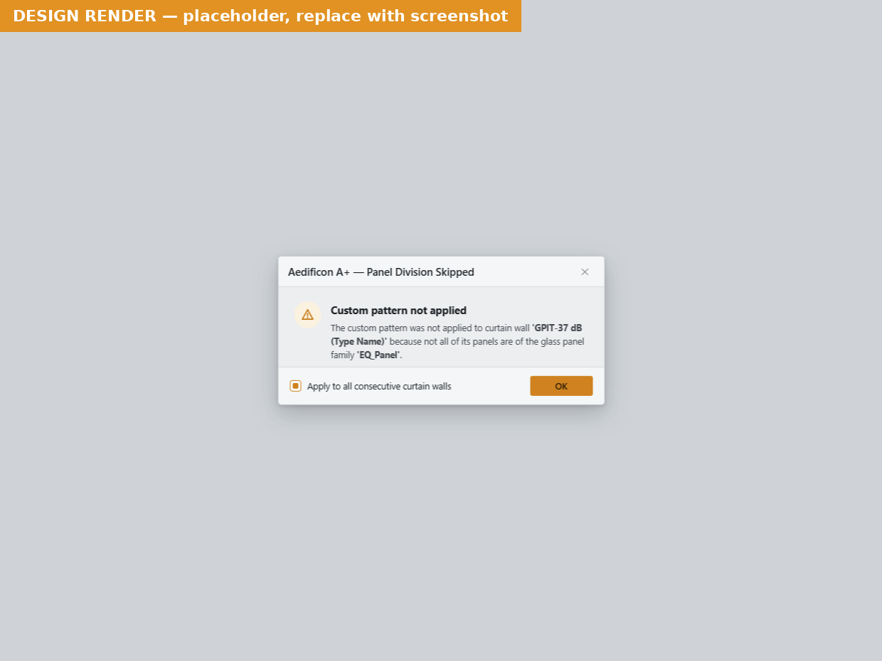 A Warning message with the "Apply to all consecutive curtain walls" checkbox