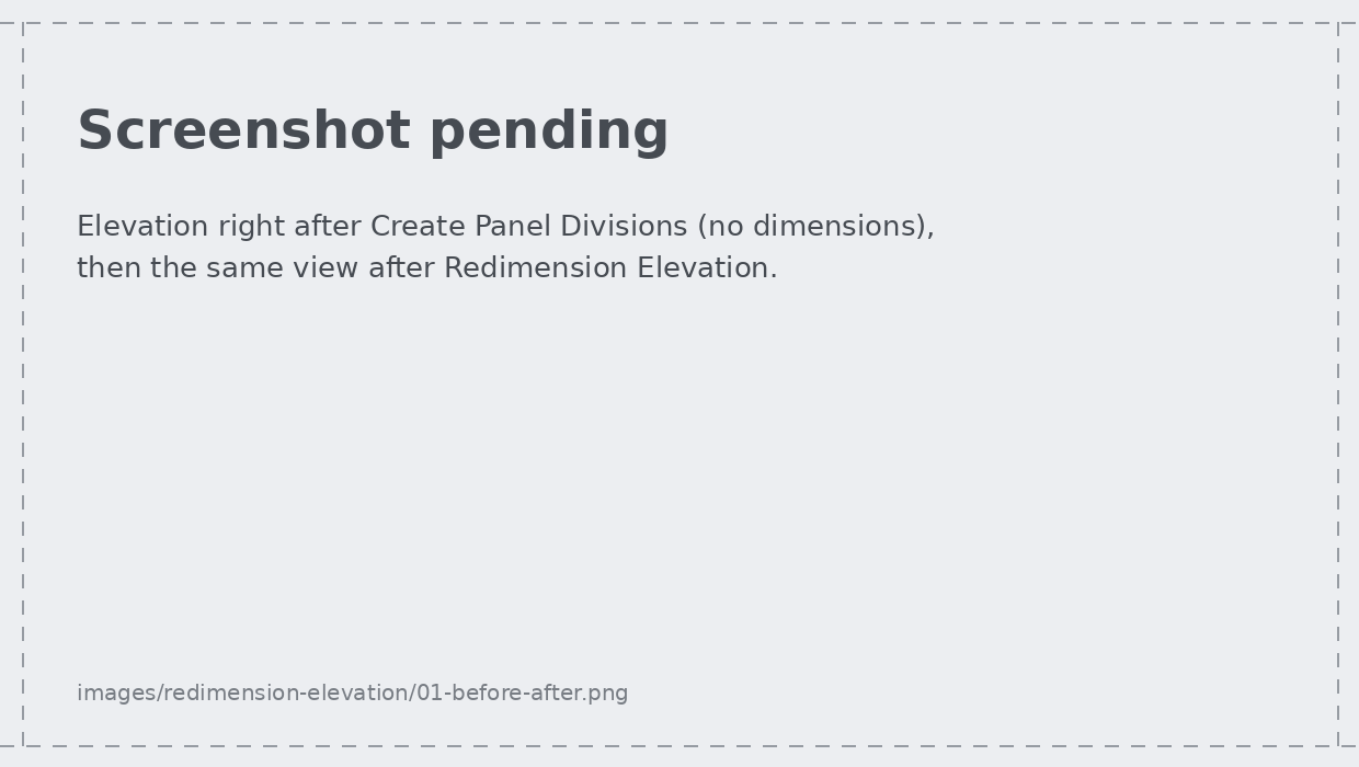 A curtain wall elevation before and after Redimension Elevation: outdated dimensions replaced by a complete set of overall, detailed and segment dimensions