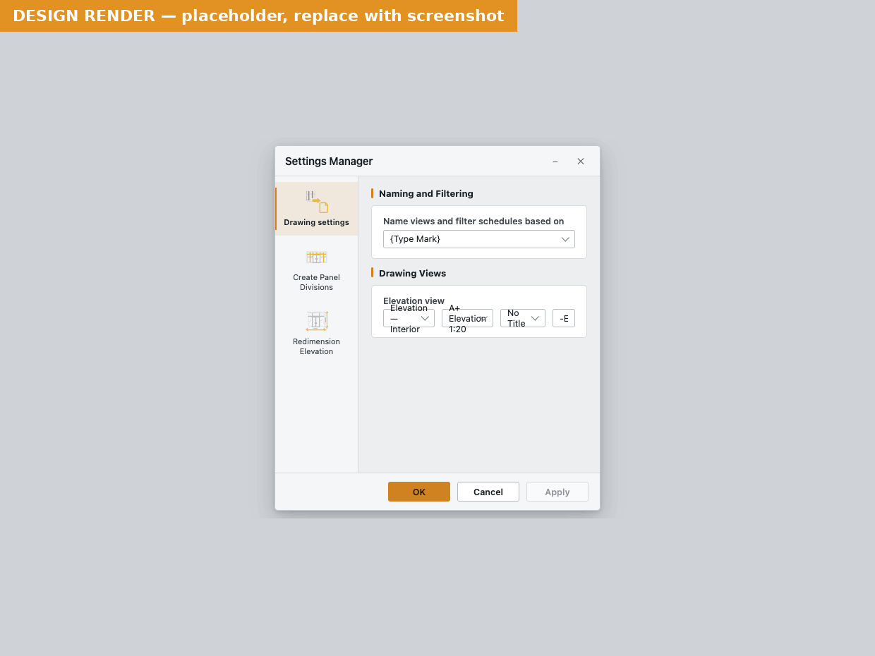 Settings Manager with the command rail on the left (Create Drawing selected) and the Curtain Wall Drawing Settings form with its Profile bar on the right