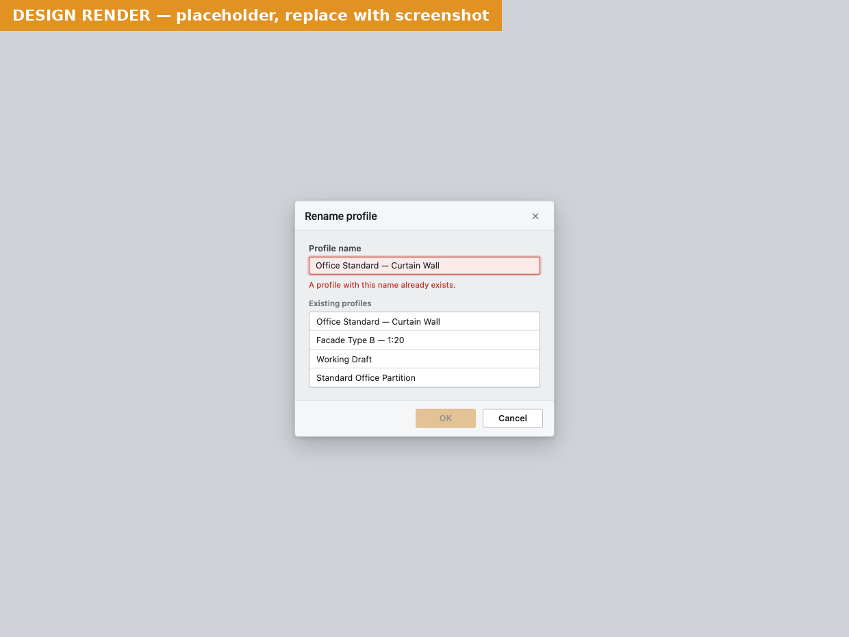 Rename profile dialog with a name that already exists, the inline error and OK disabled