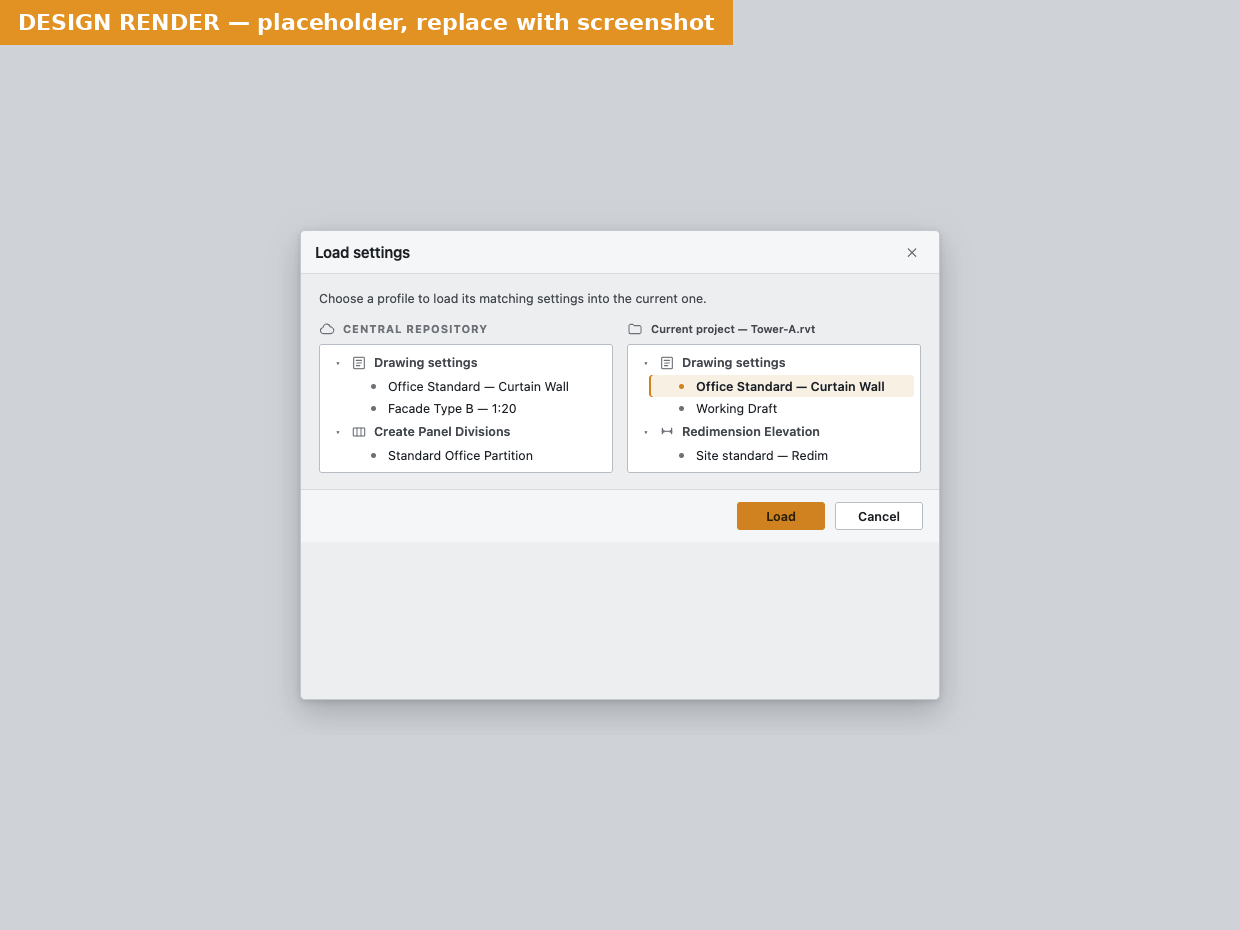 Load settings dialog with the filter row, Match case, the Central repository list grouped by command with checkboxes, the … browse button and the Load button